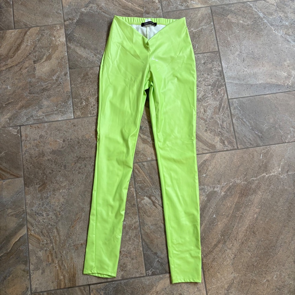Sorella Boutique Neon Lime Green Faux Leather V-Waist‎ Leggings Womens S